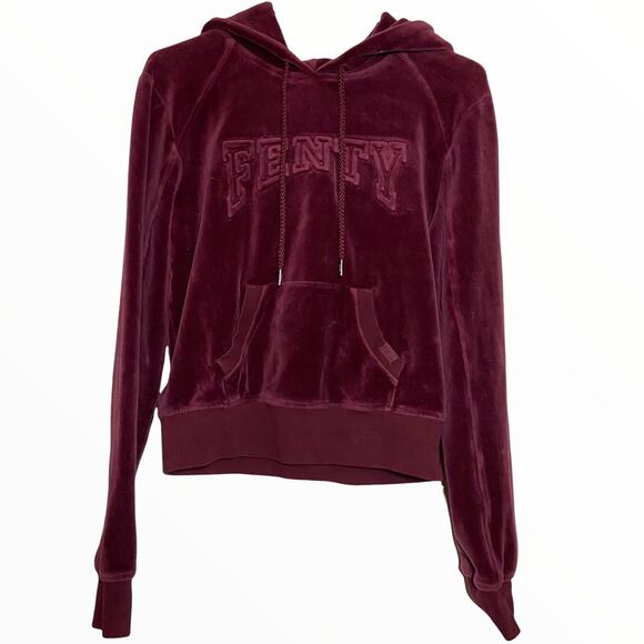 Puma by Rihanna Fenty Cropped Sweatshirt Velour Drawstring Hoodie Pullover Red S - Picture 2 of 6